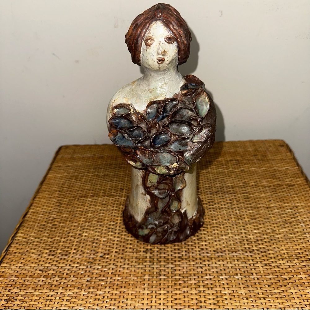 Vintage 1986 Yugoslavia Handmade 10” Women Floral Sculpture Clay Glaze Green